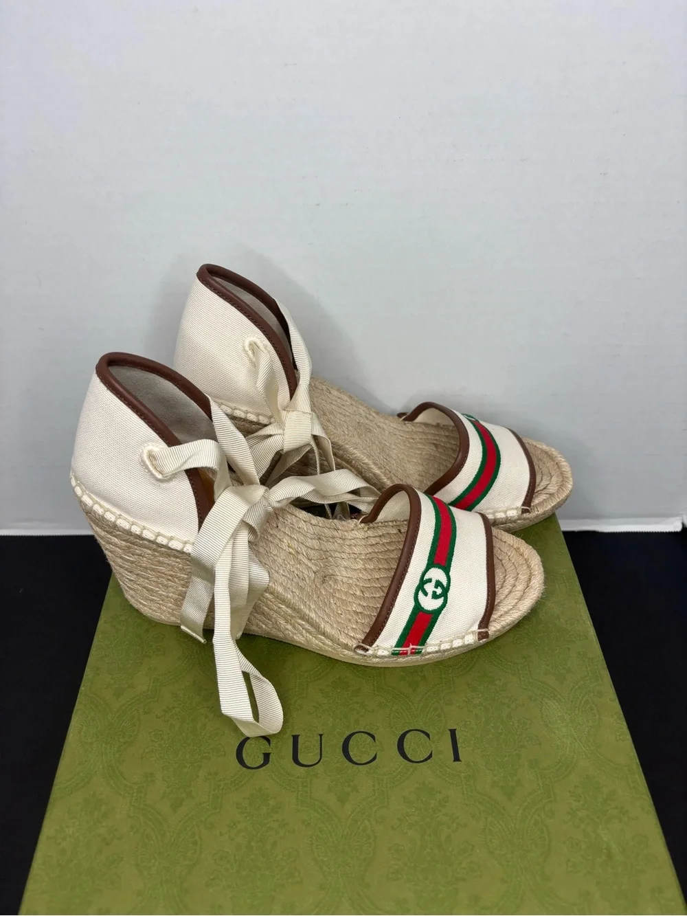 Gucci Cream Canvas Espadrille Wedges with Green and Red Stripe
